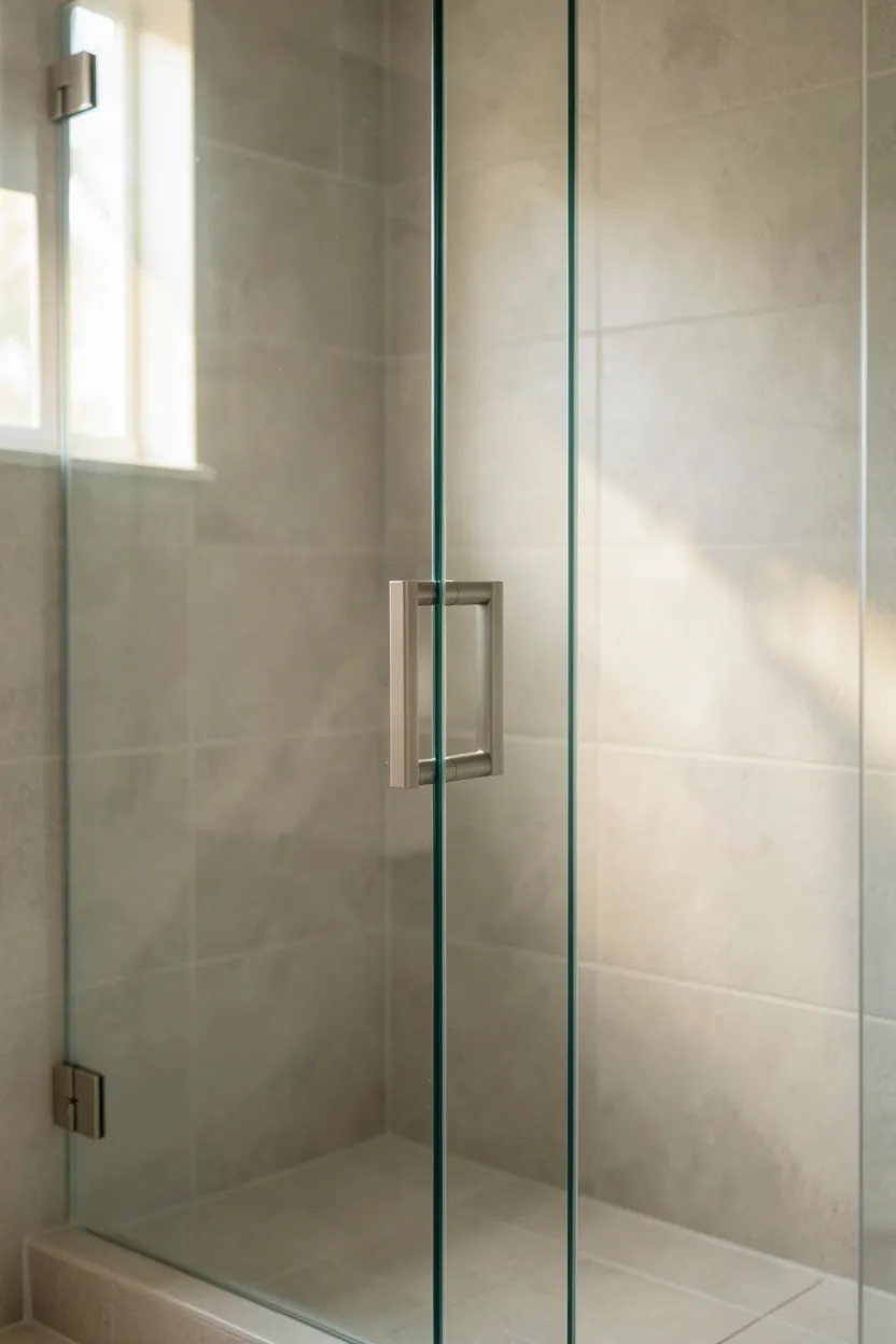 Warm amber LED strip lights glowing beneath a floating bathroom vanity casting soft ambiance on a tiled floor