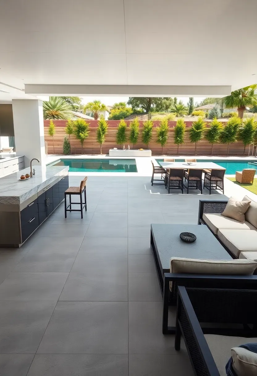 Expansive outdoor terrace with large-format porcelain tile flooring, a sleek outdoor kitchen island, bar seating, and modern lounge furniture