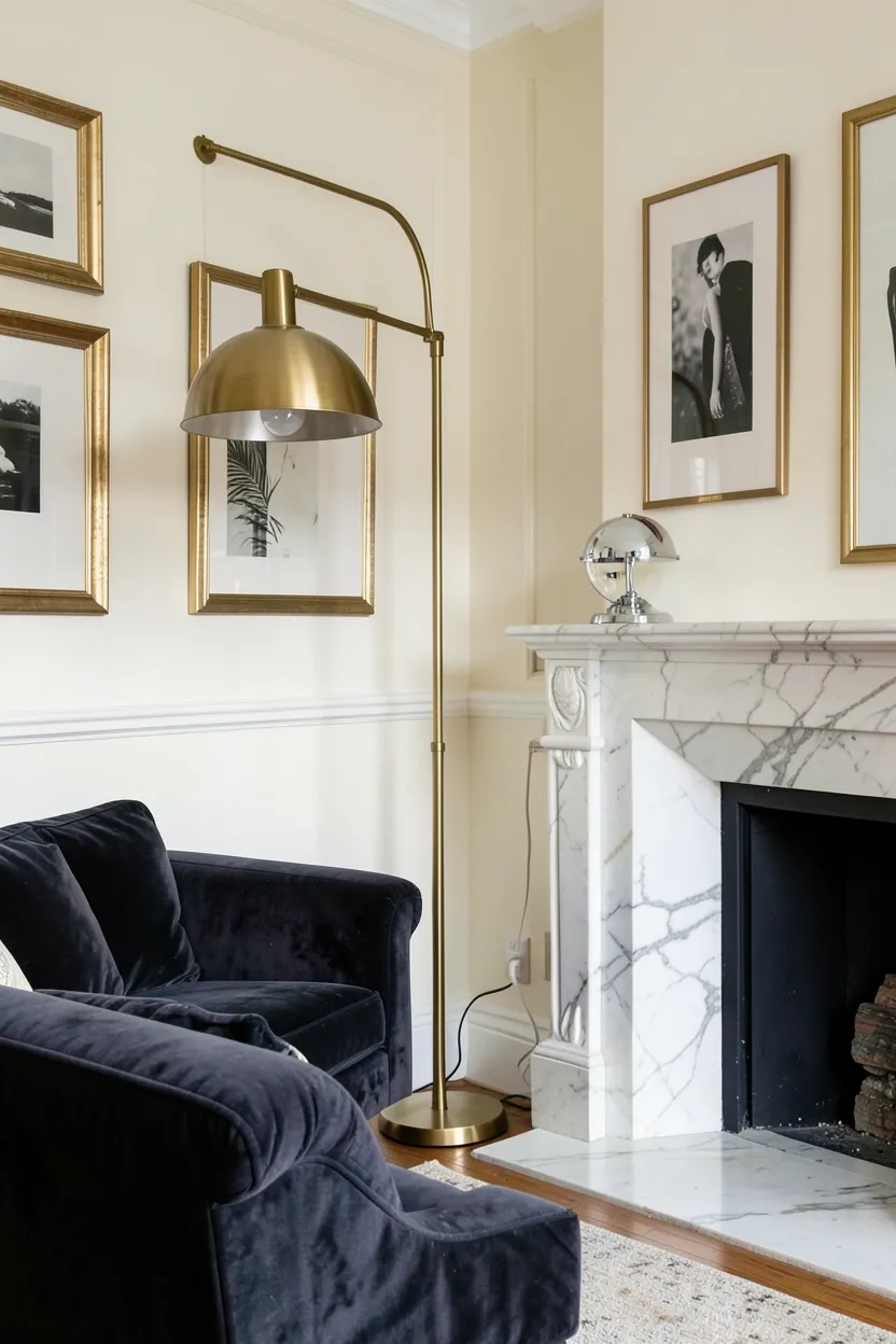 Living room vignette mixing brushed brass table lamp, polished gold bowl, and chrome vase on a marble sideboard — sophisticated metallic styling