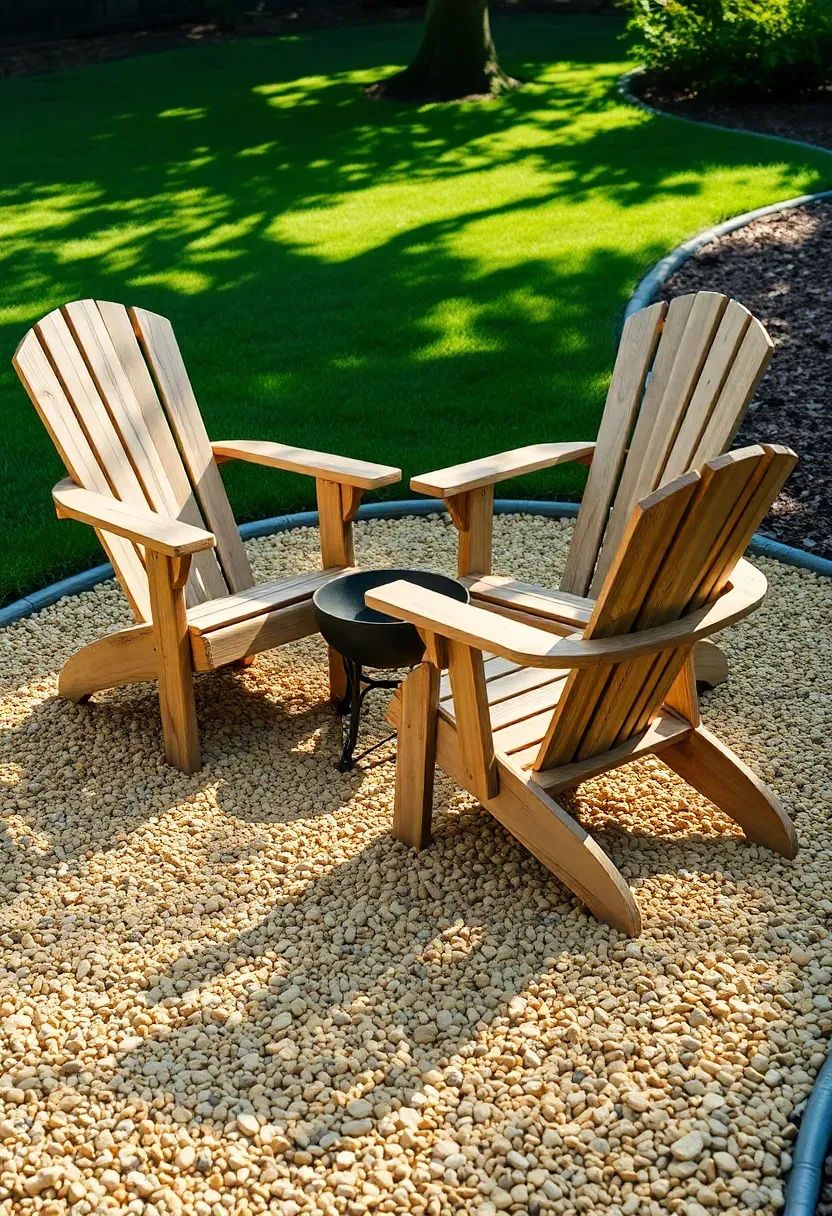 Pea gravel patio area with two wooden Adirondack chairs and a small fire bowl in a backyard makeover