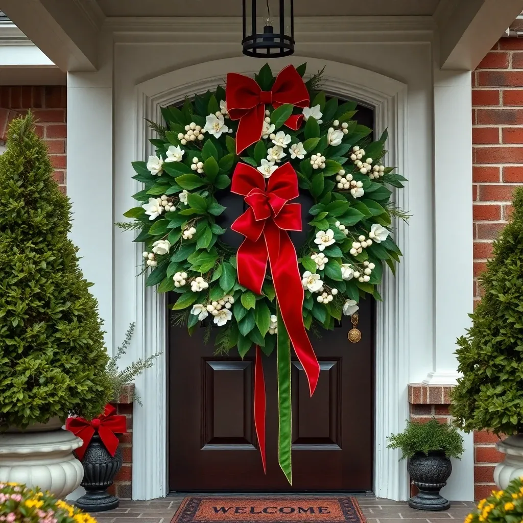 Oversized Whoville-style wreath of bright green magnolia leaves and eucalyptus stems on a dark wood front door, with large red velvet bows and white berry clusters