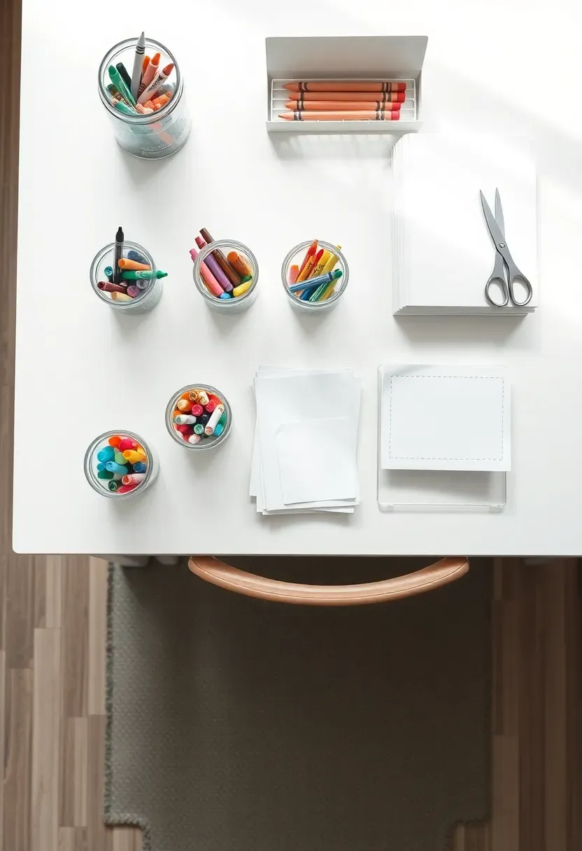 Hyper-realistic overhead view of minimalist kids' art station: white table, organized supplies in clear jars (markers, crayons, scissors), paper stack, small drying rack for artwork. Materials: white laminate table, acrylic jars, construction paper. Bright natural light from above, clean organized workspace. Visible floor protection mat. Sharp focus on supplies. No text, no logos, no watermarks.</p>