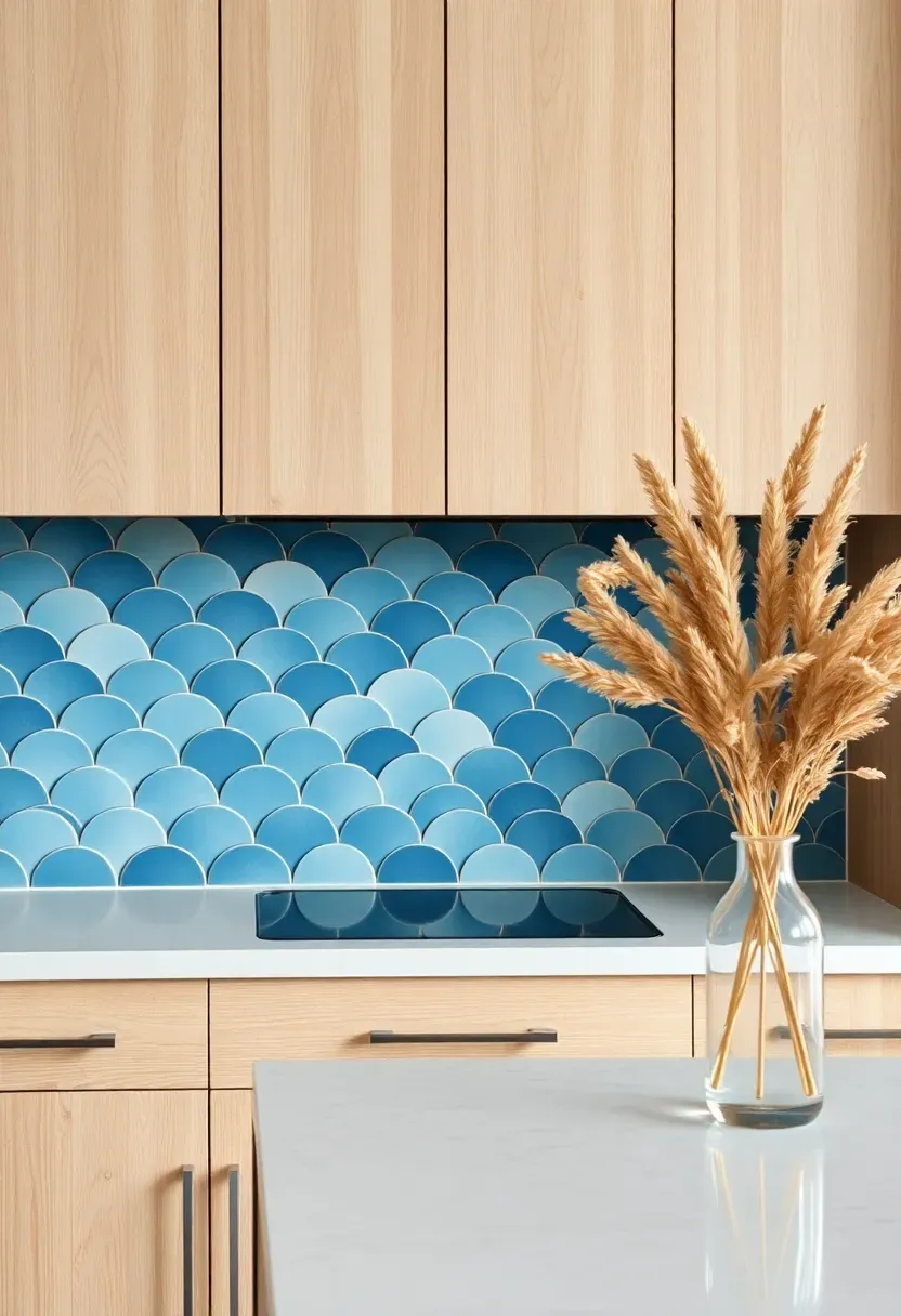 fish scale fan tile backsplash in matte ocean blue graduating to white at the top behind a coastal kitchen with light wood
