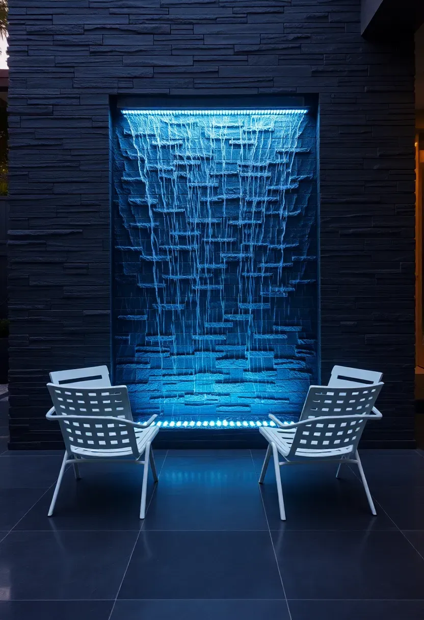 Modern patio with a tall vertical water wall made of dark stacked slate, illuminated by underwater LED lights, with sleek outdoor furniture in front