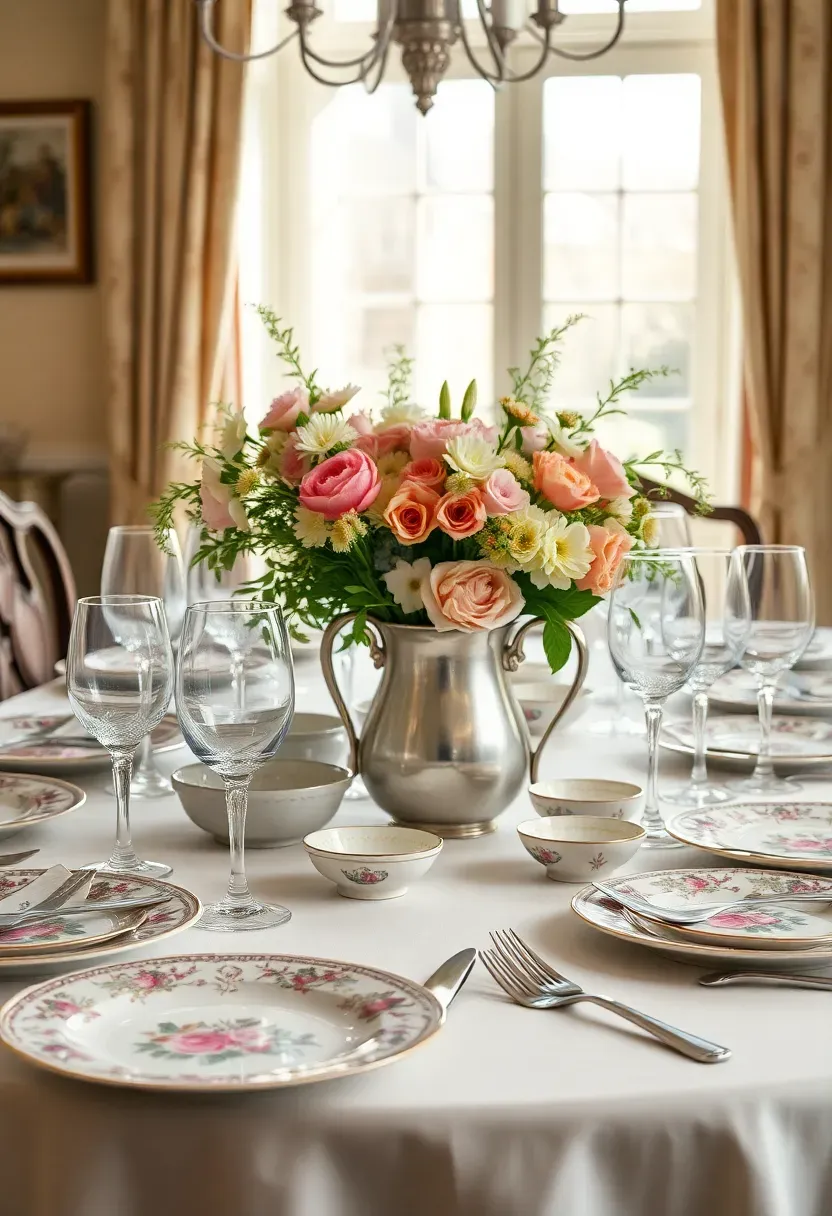 vintage mismatched china Easter table setting with floral patterns and crystal glasses