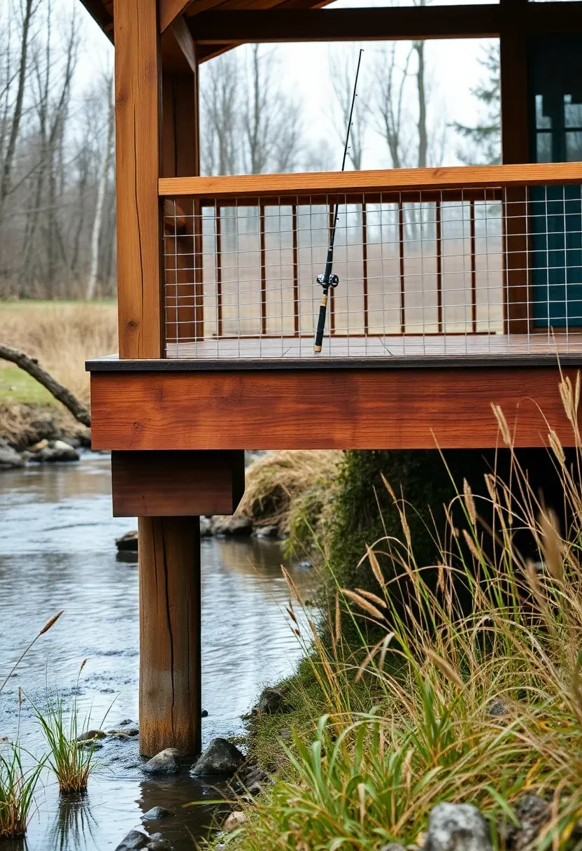 A wooden gazebo on the bank of a small creek with a cantilevered deck extending slightly over the water, fishing rod leaning against the railing, surrounded by native riparian plants