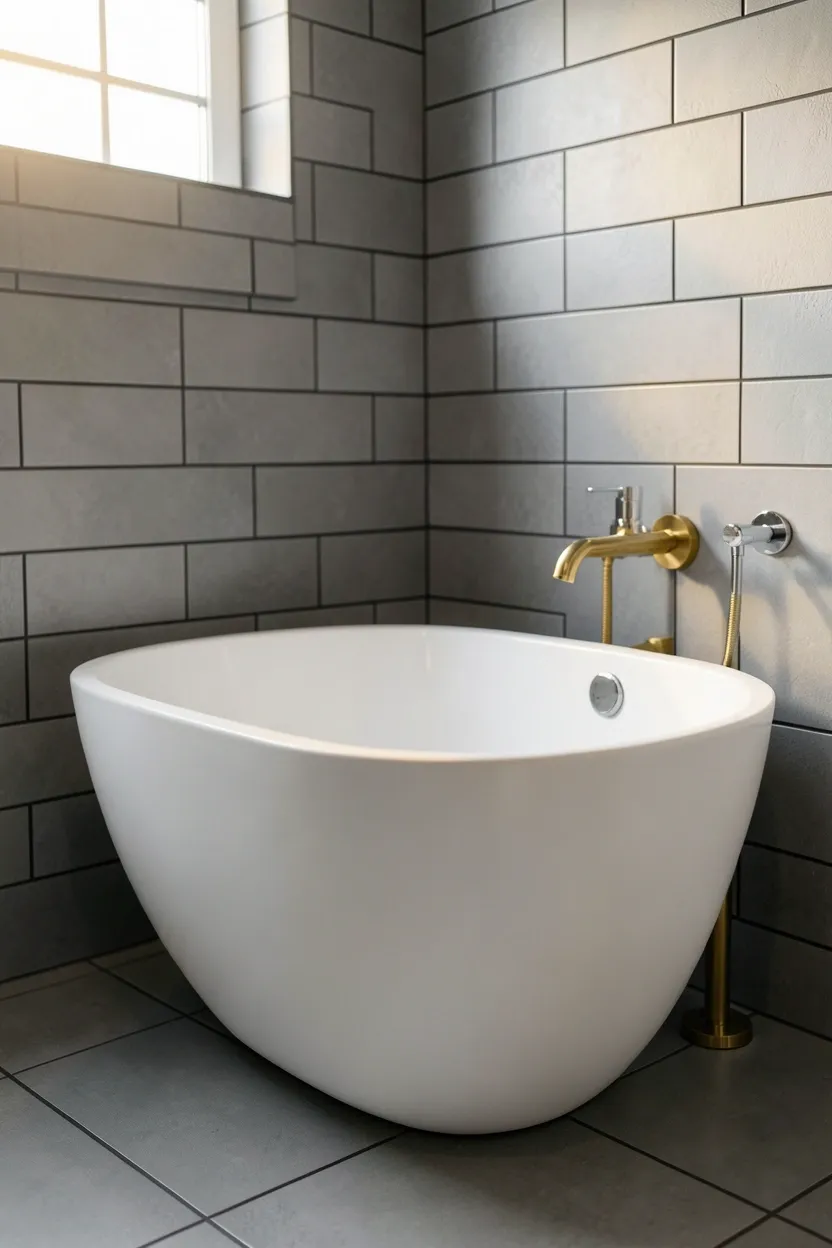 Matte white oval freestanding tub with floor-mounted brass filler against gray subway tile feature wall and natural wood side table — sculptural aesthetic bathroom