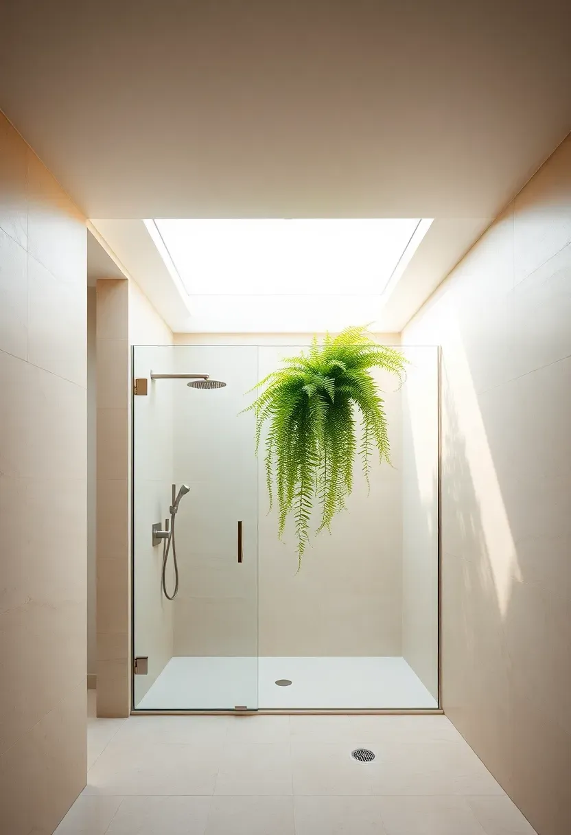 Penthouse shower room with a large overhead skylight flooding natural light onto stone walls