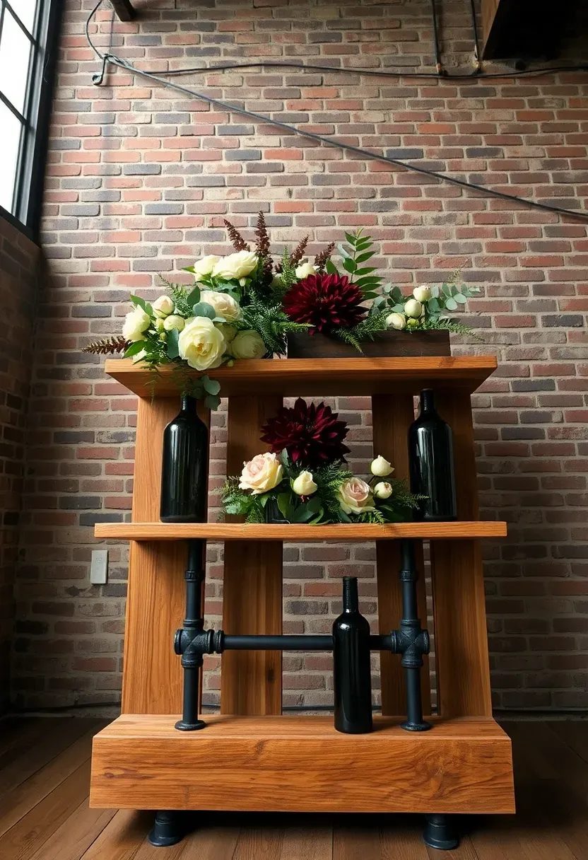 Industrial pipe and reclaimed wood flower bar with metal pipe frame and wooden shelves holding mixed flowers in black iron vessels