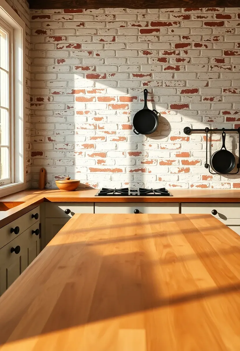 whitewashed thin brick veneer backsplash in a farmhouse kitchen with butcher block island and black iron hardware
