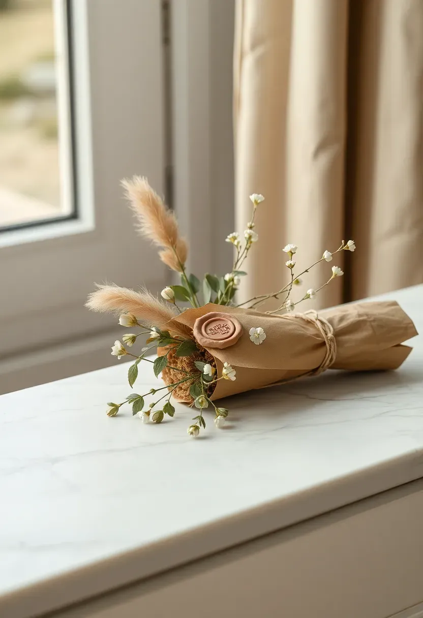 small dried flower bouquet with pampas grass eucalyptus and baby breath wrapped in brown kraft paper