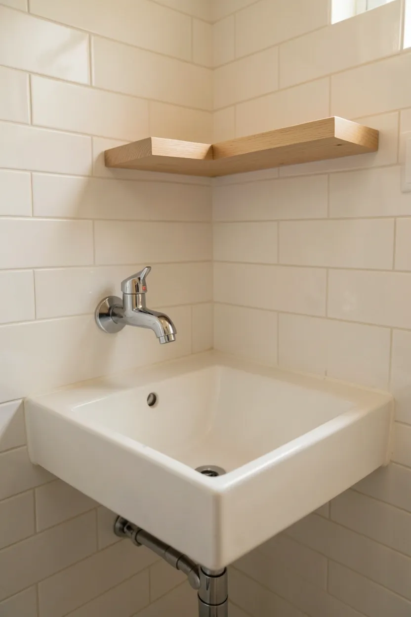 White wall-mounted corner sink in a narrow apartment bathroom maximizing floor space with minimal footprint