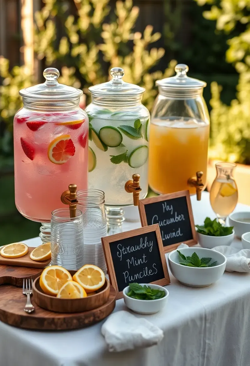 Colorful self-serve mocktail bar with glass dispensers, fresh fruit garnishes, and printed labels on a decorated table in a backyard