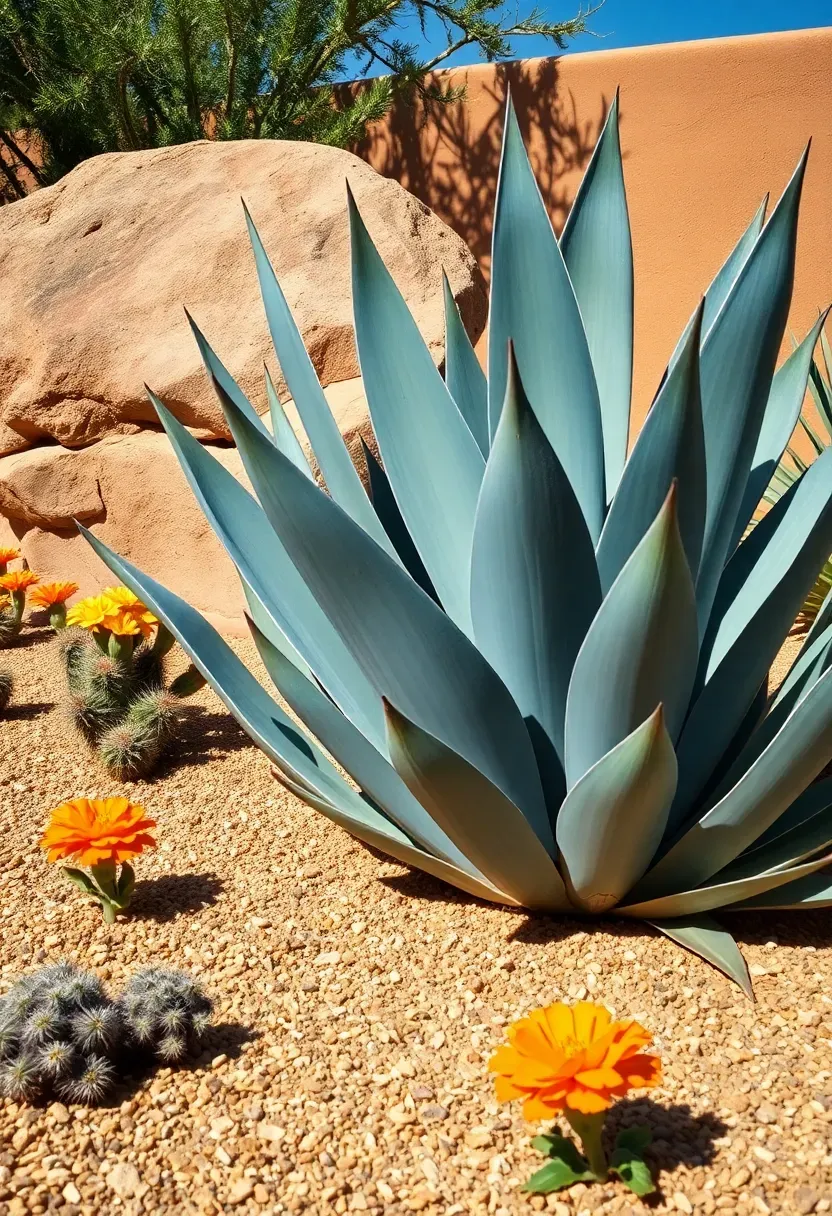 A southwestern xeriscaped backyard with agave, prickly pear cactus, and desert marigold planted in gravel beds with a sandstone boulder accent and a stucco wall