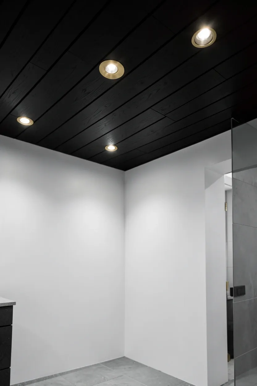 Black shiplap wood ceiling with recessed LED lighting in a modern bathroom — dramatic overhead feature with white walls below