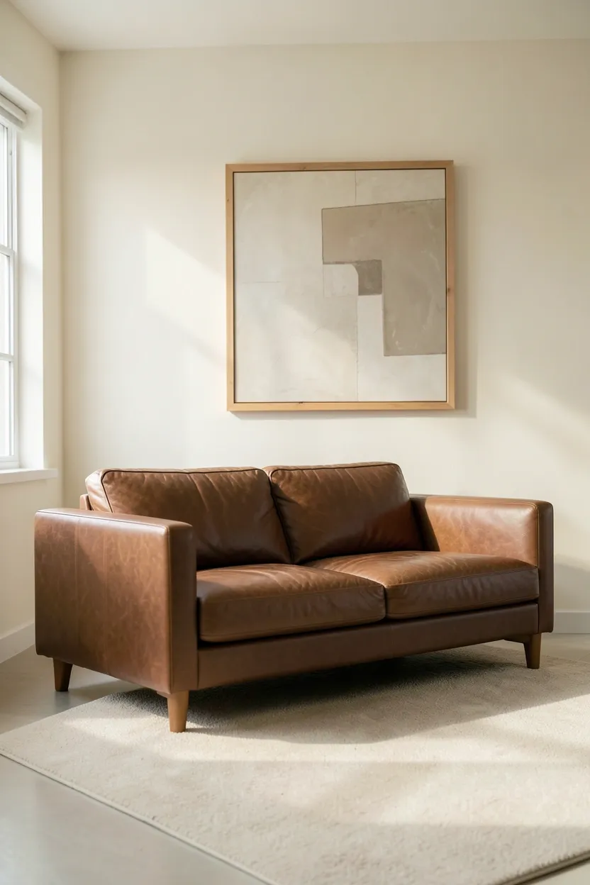 Single large abstract artwork in neutral tones above a brown sofa in a minimalist living room with cream walls