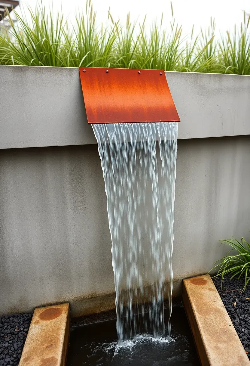Wide corten steel blade waterfall mounted on a modern concrete retaining wall, water falling in a smooth curtain into a narrow trough pool