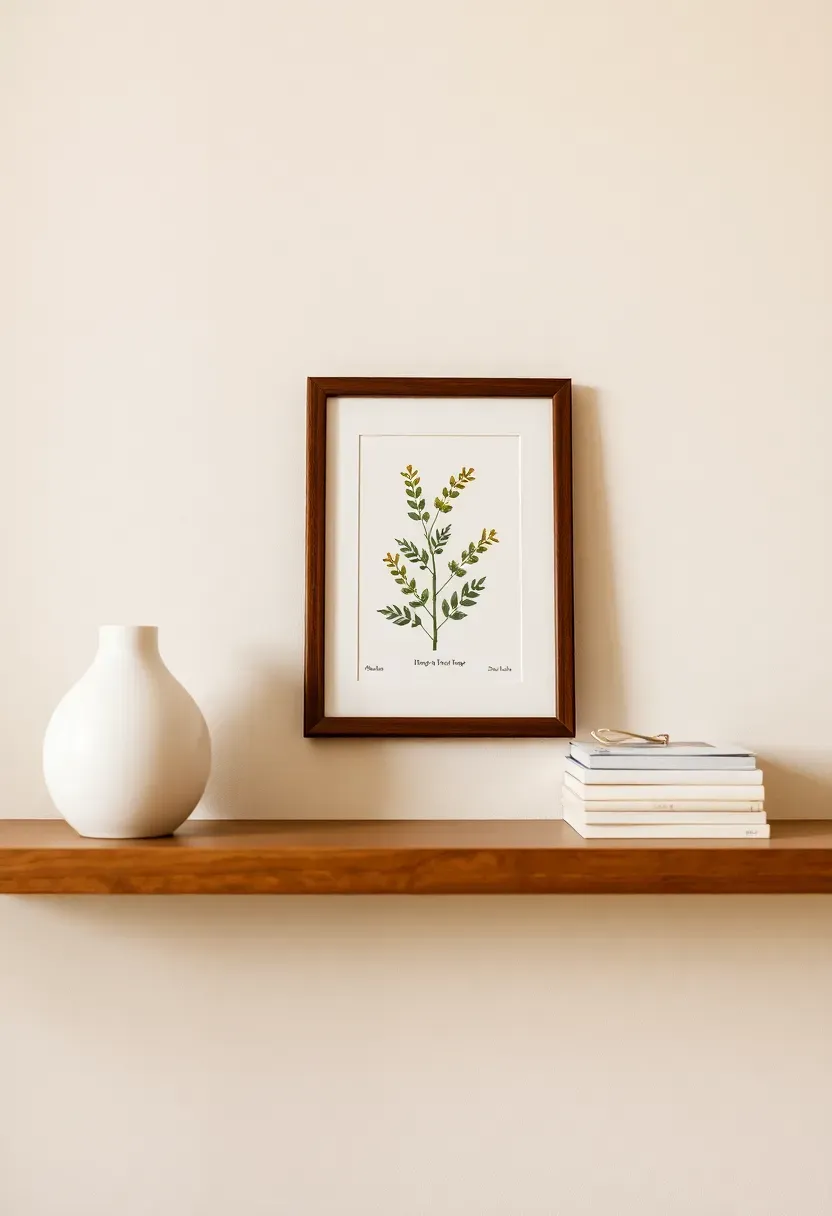 Small framed art print leaning casually against a cream wall on a floating shelf — warm botanical illustration in a narrow walnut frame, books beside it, white ceramic vase at left
