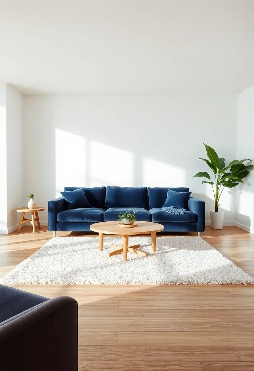 Hyper-realistic 3/4 view of minimalist living room with navy blue velvet sofa white walls white ceiling white wool area rug light oak coffee table. Materials: crisp white walls and ceiling navy blue velvet upholstery with visible texture sheen light oak table white wool rug. Bright natural daylight subtle shadows showing velvet's rich texture and light reflection luxurious serene atmosphere. Sharp contrast between navy sofa and white surroundings clean composition no clutter no text no logos.</p>