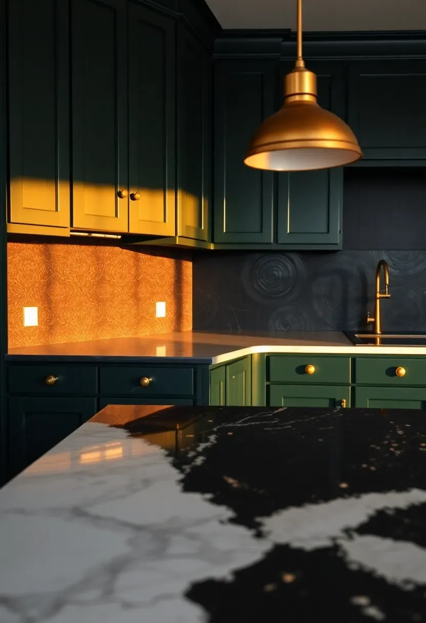 honed black granite slab backsplash in a moody kitchen with dark green cabinets and brass pendant lights