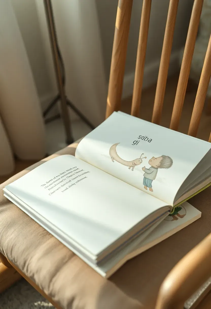 personalized children's storybook with a baby name printed on the cover lying open on a nursery rocking chair
