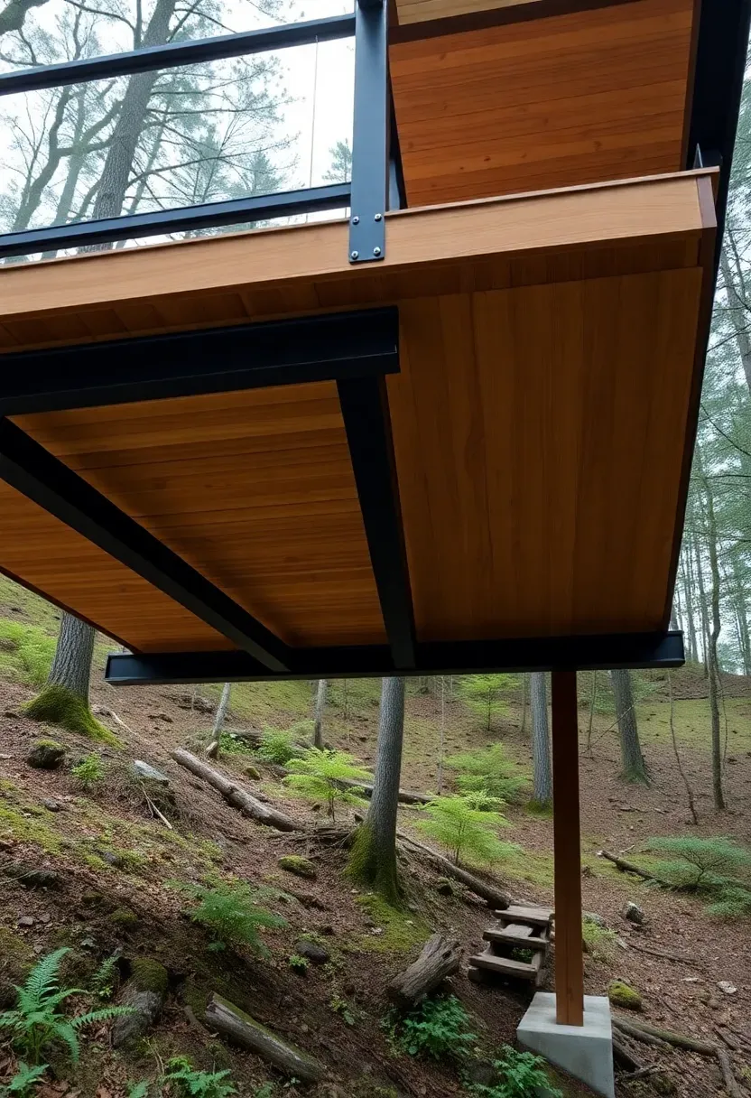Cantilevered upper deck extending over a steep slope with exposed steel beam supports and a lower platform anchored into the hillside