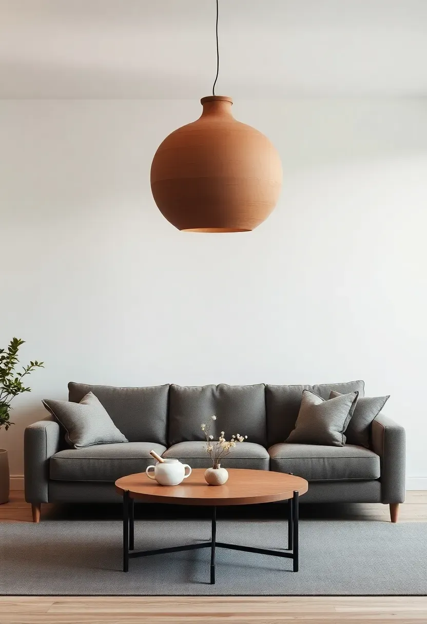Hyper-realistic shot of minimalist living room with medium gray sofa, large statement pendant light suspended above at coffee table height, fixture features organic clay sphere shape with matte finish. Materials: warm gray upholstery, white walls, light wood floor, ceramic pendant. Soft warm ambient lighting from pendant, gentle shadows, serene intimate evening mood. Composition showing relationship between pendant height and sofa, sharp details on fixture texture and sofa fabric, no text, no logos, no watermarks.</p>