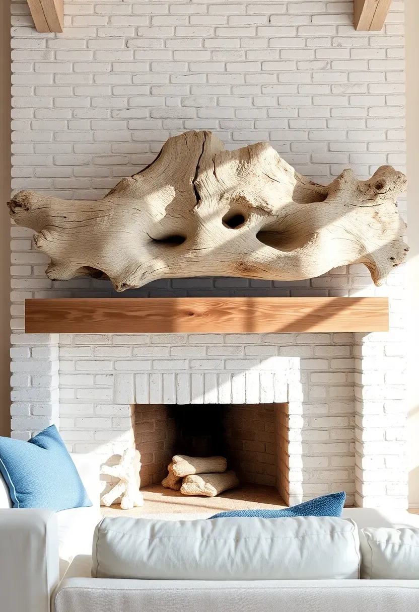 Large mounted driftwood sculpture above a coastal-style whitewashed fireplace with blue accents