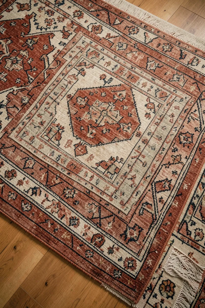 Layered Moroccan rugs in warm terracotta and ivory tones under a boho bedroom bed with eclectic patterned textiles