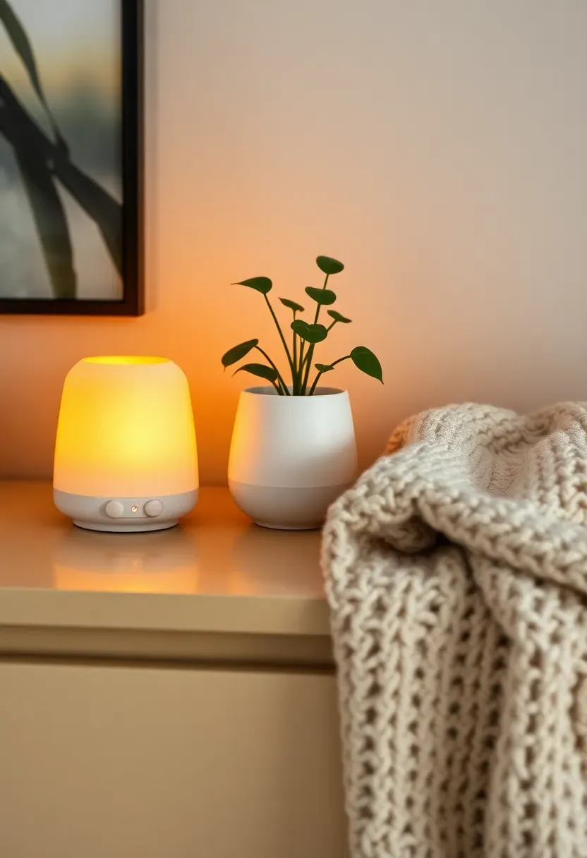 dorm room cozy corner with electric wax warmer small plant essential oil diffuser and soft textured blanket