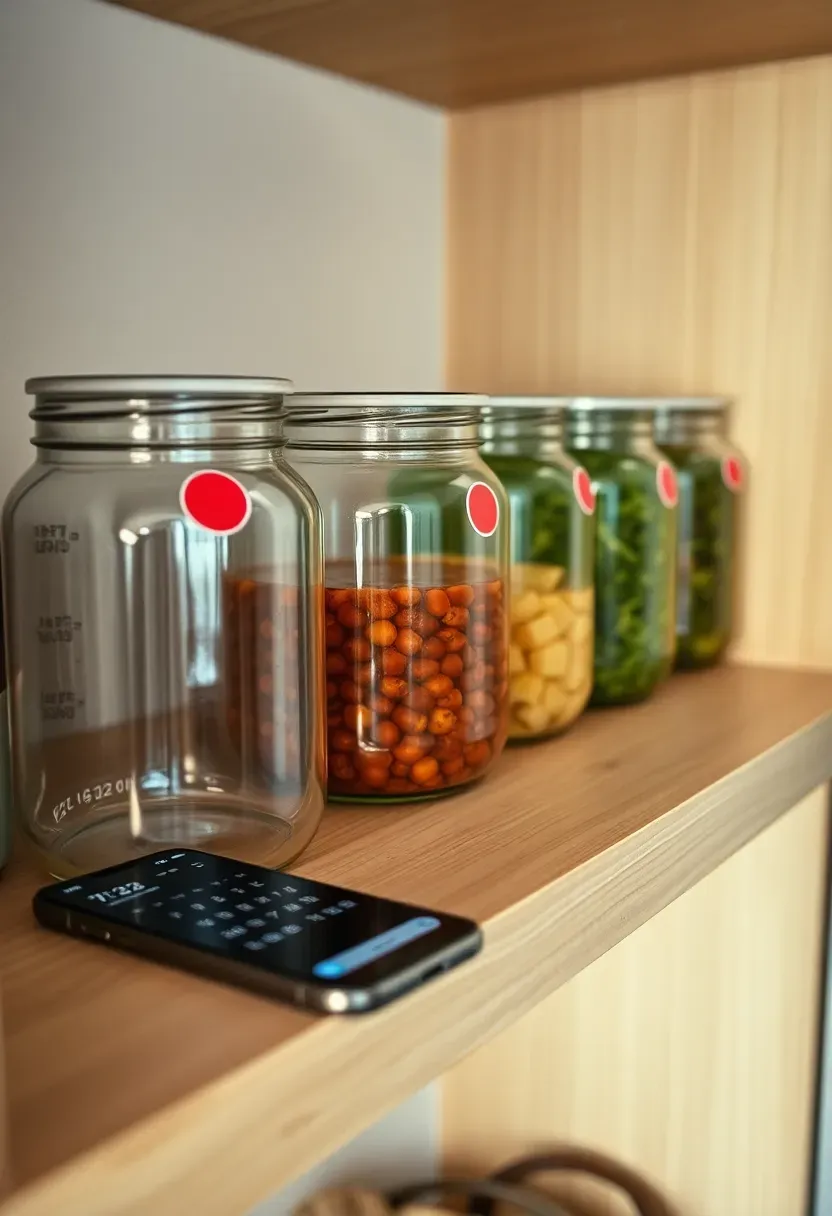 Pantry shelf with a row of glass food storage jars, two with small red stickers on lids indicating near-expiry, one jar pulled slightly forward, a phone screen on the shelf edge with a soft notification glow
