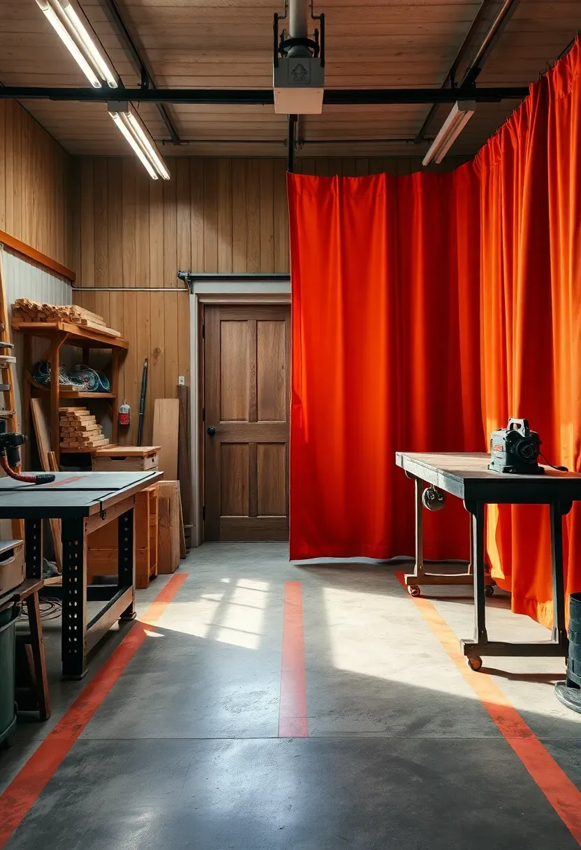 Garage workshop divided into a woodworking side and a metalworking side with a clear aisle separating the two zones