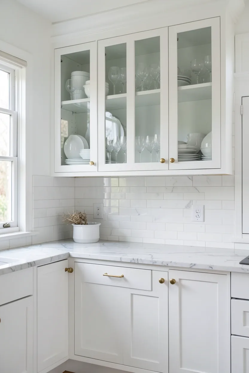 Hyper-realistic eye-level photograph of an elegant kitchen with white upper cabinets featuring glass-front panels. The glass doors reveal neatly arranged white china and crystal glassware inside. Below, white shaker cabinets with brass pulls. Marble countertops and subway tile backsplash. Natural light streaming through window, reflecting off the glass doors. Materials: white lacquer, clear glass, marble, brass. Light and sophisticated mood. Sharp focus on the glass transparency and cabinet contents. No text, no logos, no watermarks.</p>