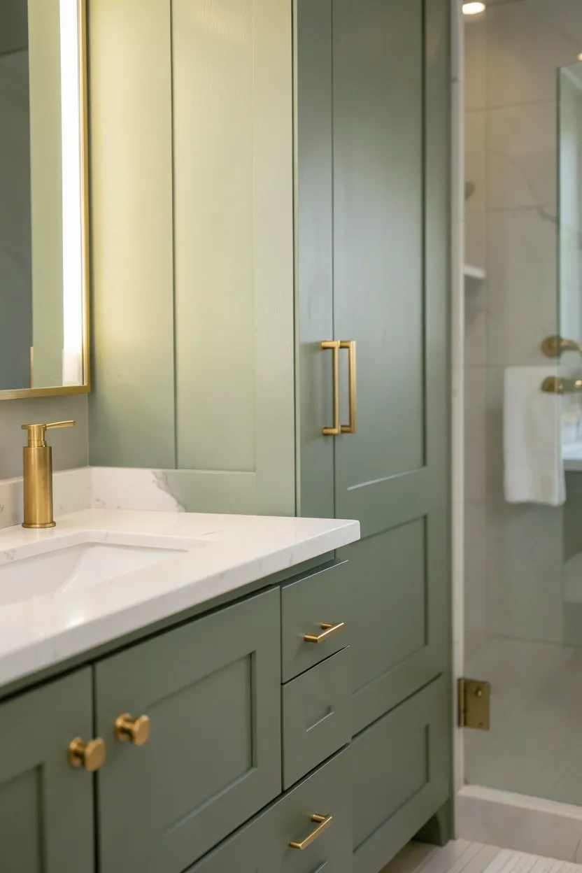 Sage green bathroom vanity with vertical panel doors, gold hardware, and white quartz countertop in a modern rental bathroom