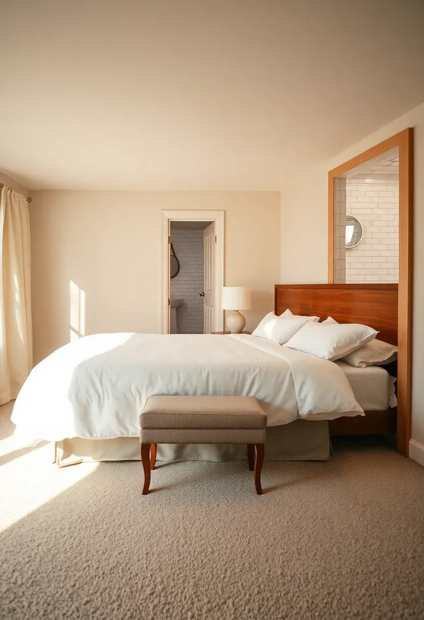 Basement guest suite floor plan showing a queen bedroom with closet, adjacent bathroom with walk-in shower, and a small sitting area near an egress window