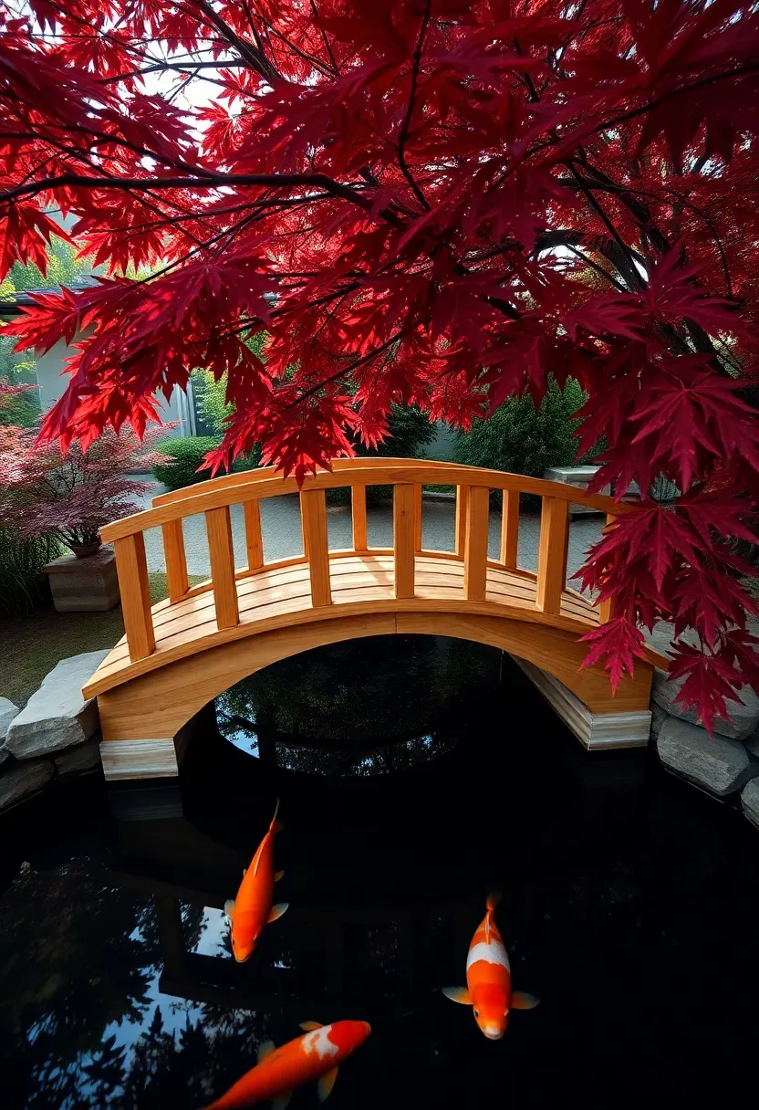 Small arched wooden bridge over a narrow section of a backyard pond, Japanese maple tree overhead, koi visible in the water