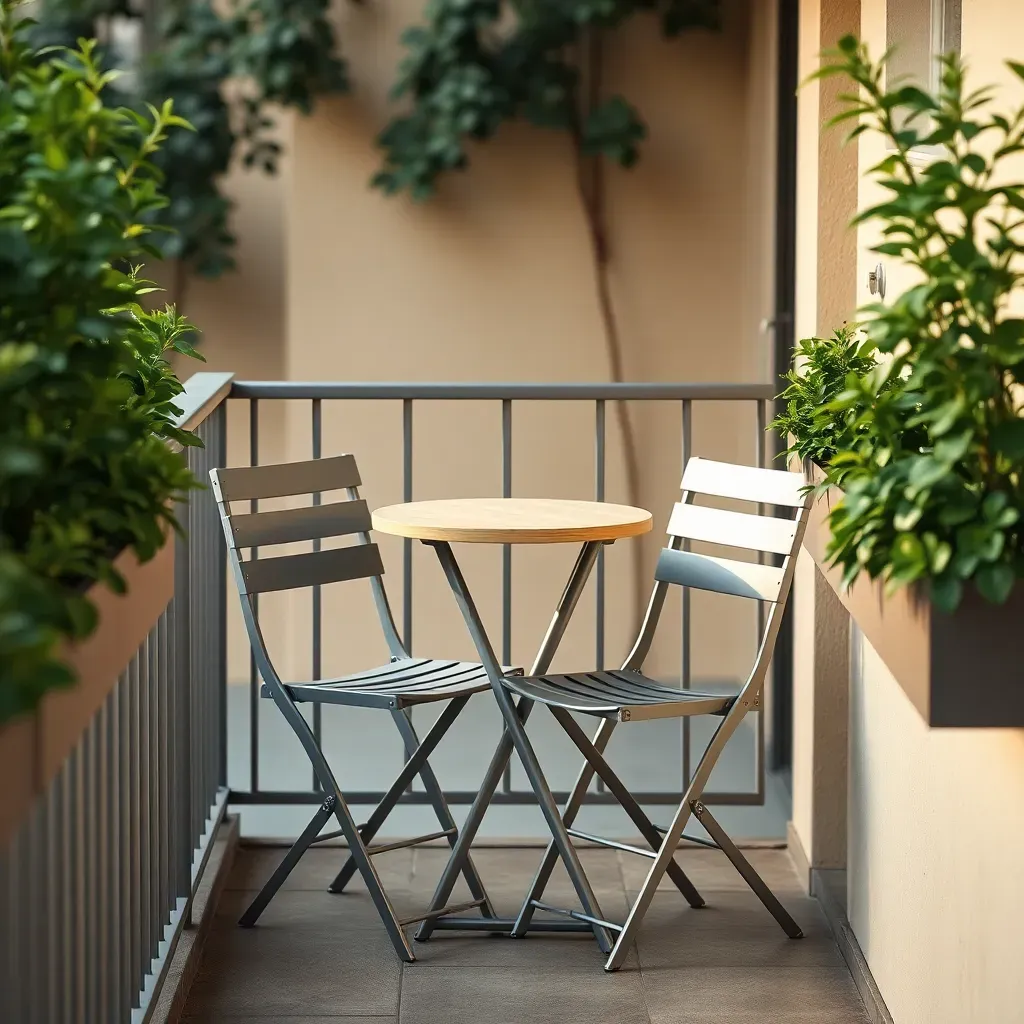 Compact bistro set framed by railing planters