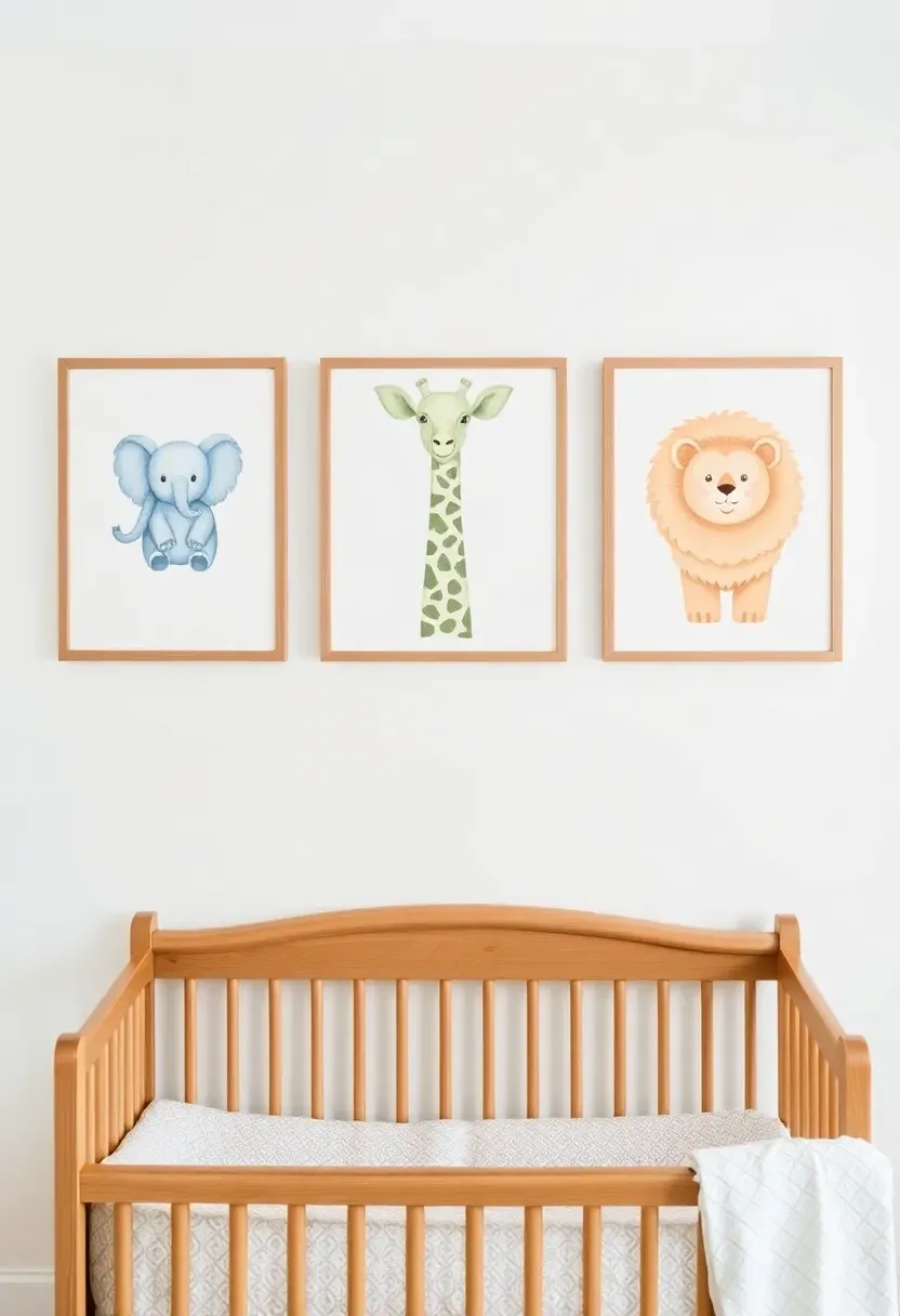 set of three safari nursery wall art prints with elephant giraffe and lion in watercolour style