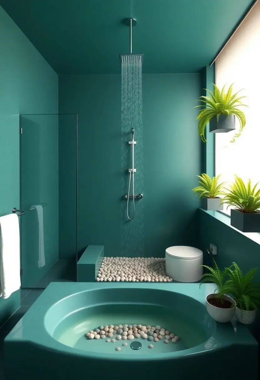 Spa-like teal green bathroom with soaking tub, pebble floor shower, rain shower, and live ferns