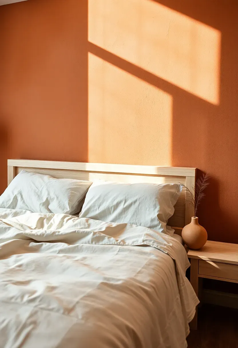 bedroom with warm terracotta accent wall textured plaster finish and natural wood bed frame