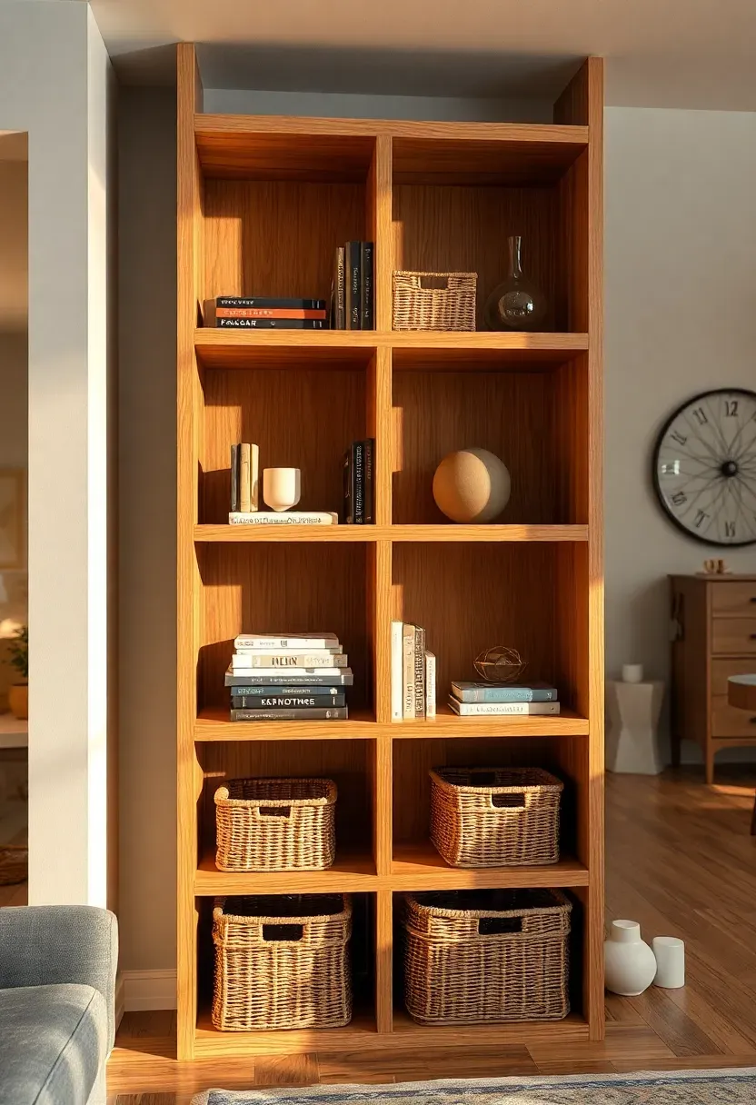 open wooden shelving unit used as a room divider in a large basement family room