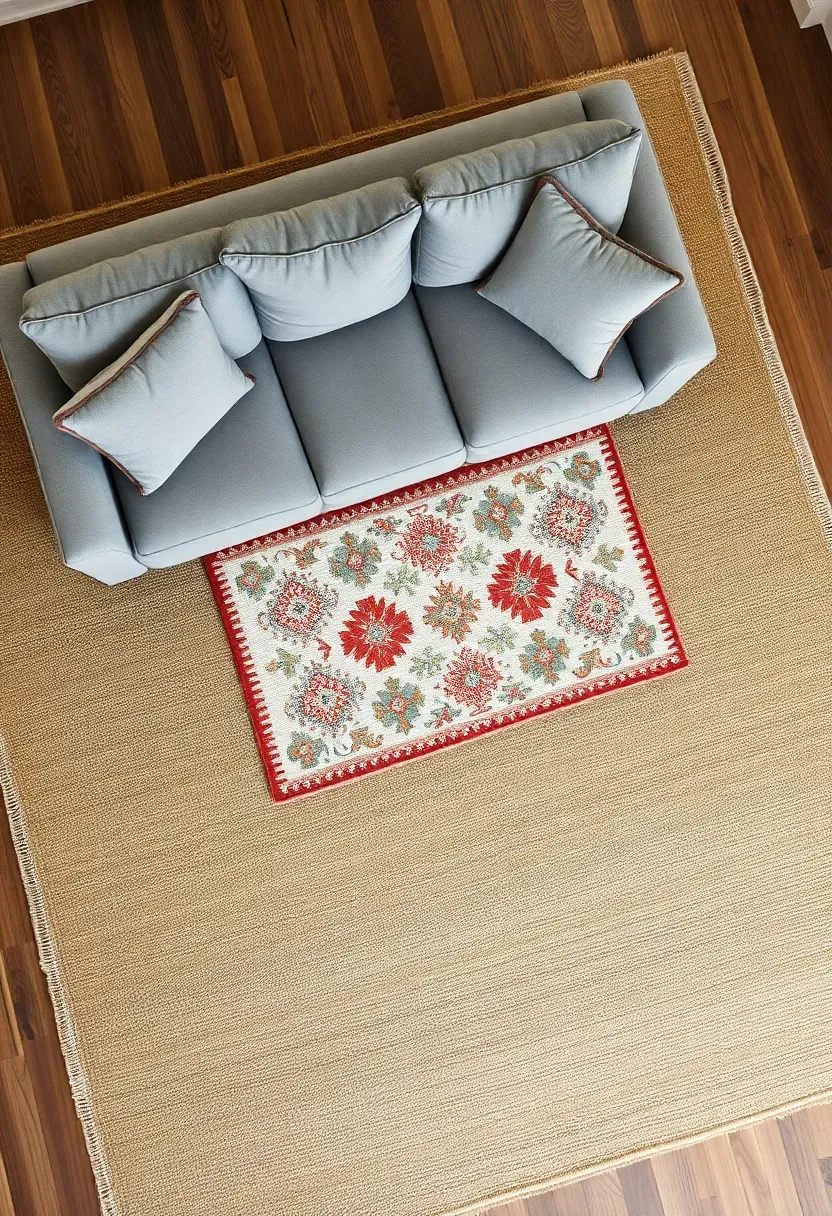 Hyper-realistic top-down angled view of layered rugs in living room. Materials: large base jute rug in natural tan covering most of floor area, smaller Turkish kilim rug layered on top with geometric patterns in cream rust gray, simple gray sofa on top of layered rugs. White wall edges visible. Textural and pattern diversity through rug layering with unified warm neutral palette.</p>