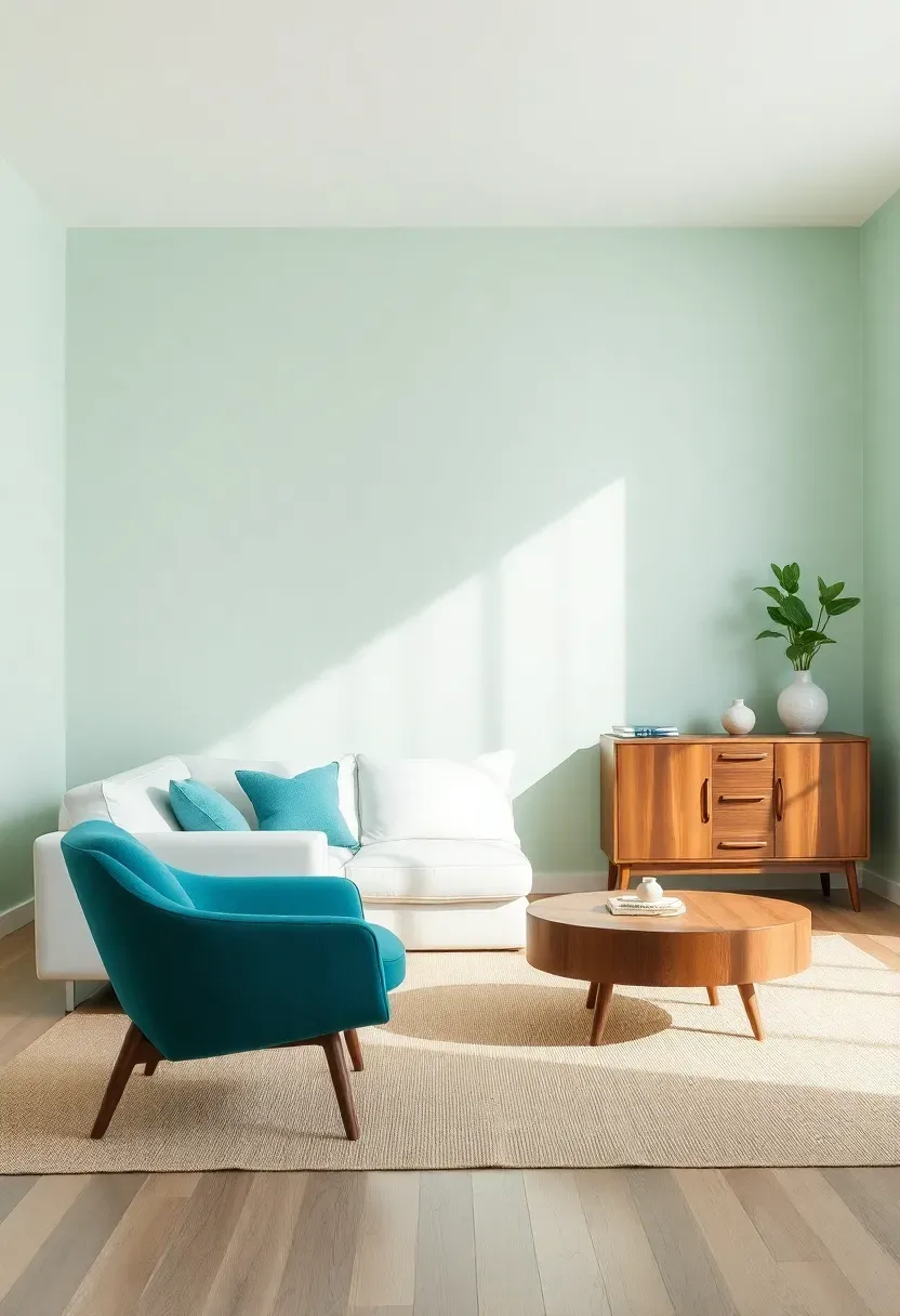 Hyper-realistic 3/4 view of a minimalist living room with pale mint walls, white mid-century sofa, walnut credenza, teal accent chair. Materials: matte mint paint, white cotton, walnut wood, teal velvet. Bright natural light, fresh mint shadows. Shallow depth of field, cheerful minimalist composition. No text, no logos, no watermarks.</p>