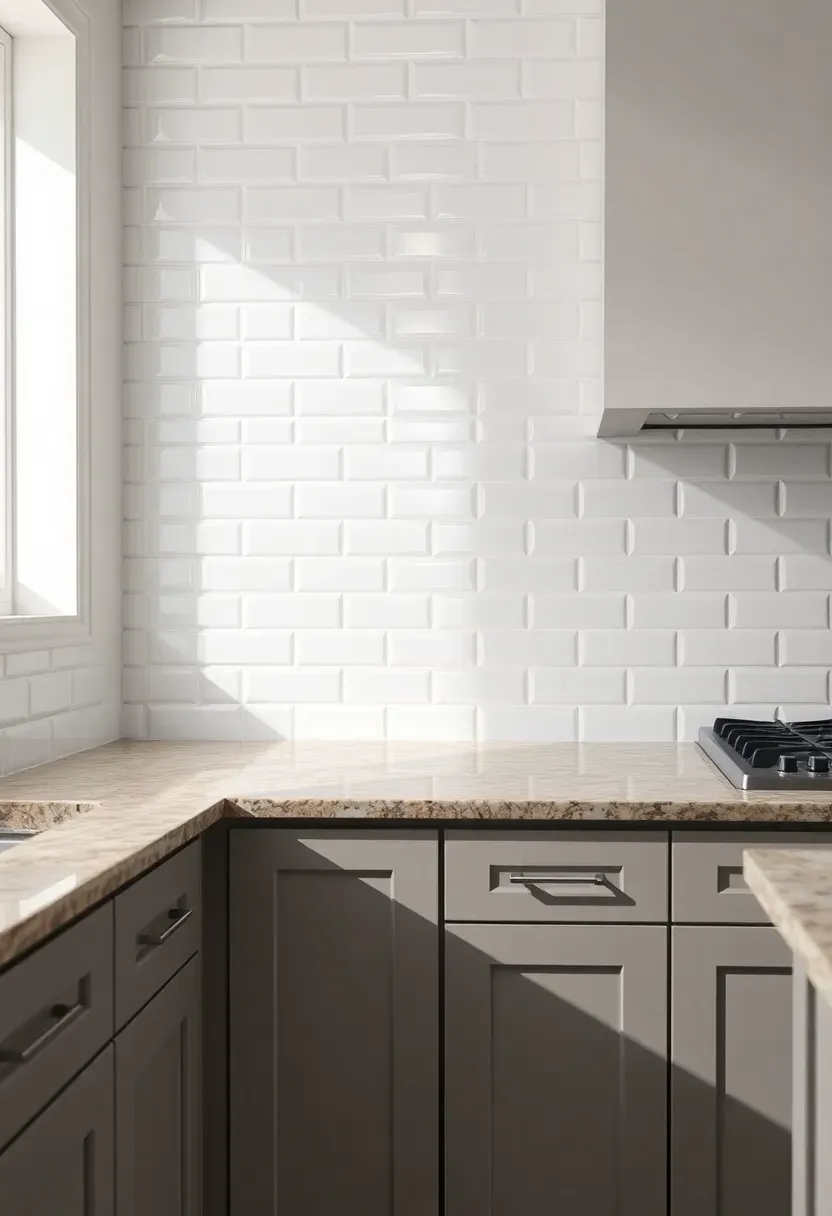 white glossy offset subway tile backsplash in kitchen with fantasy brown granite countertop and gray shaker cabinets