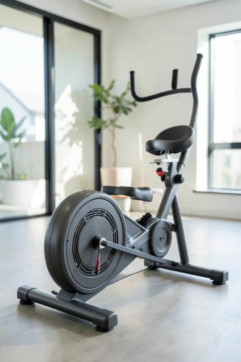 Sleek magnetic rowing machine stored vertically against a light wall in a compact apartment gym — full-body cardio equipment for small spaces