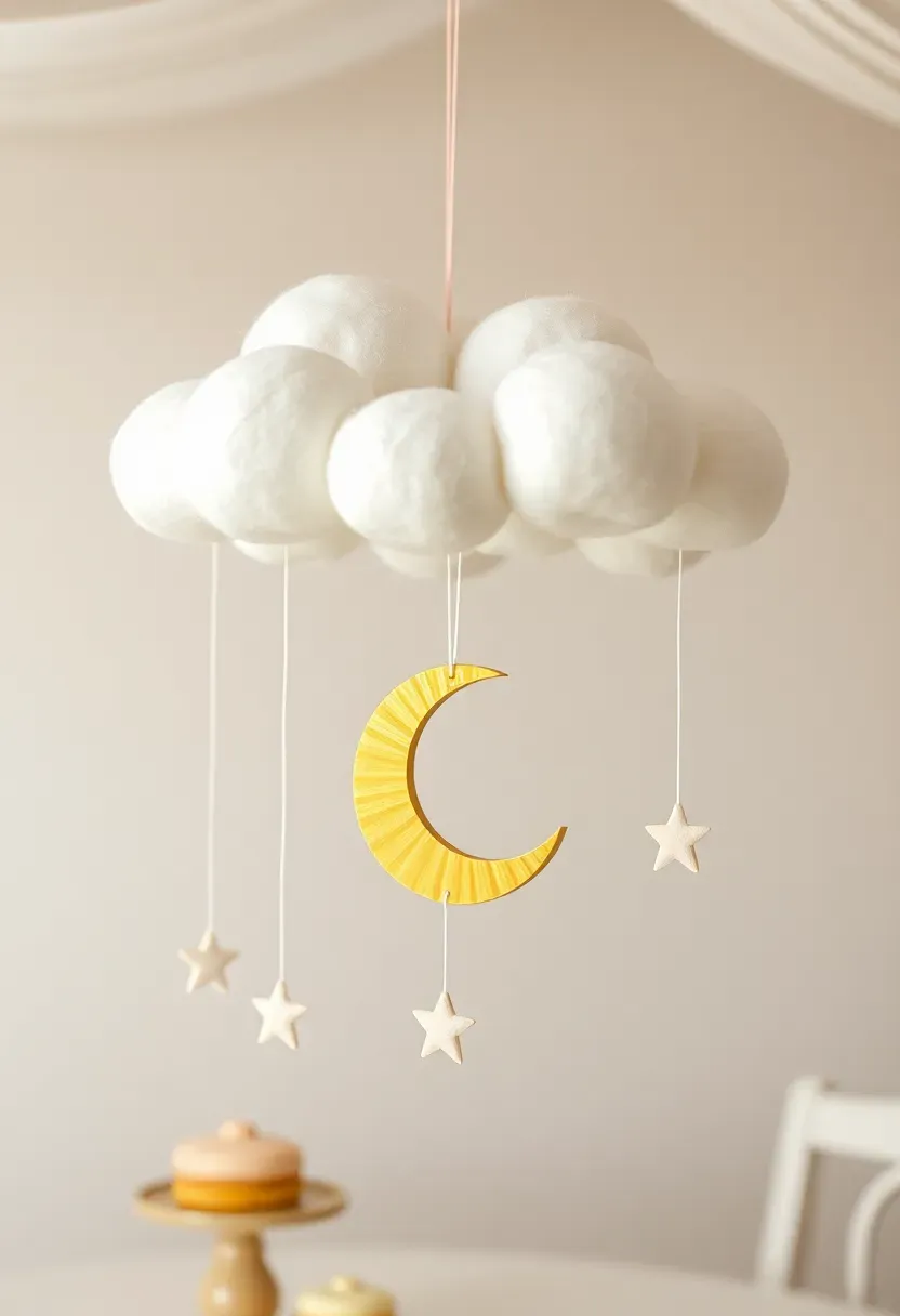 whimsical cloud and crescent moon hanging mobile display above a baby shower dessert table with felt clouds cotton stars and a golden crescent moon
