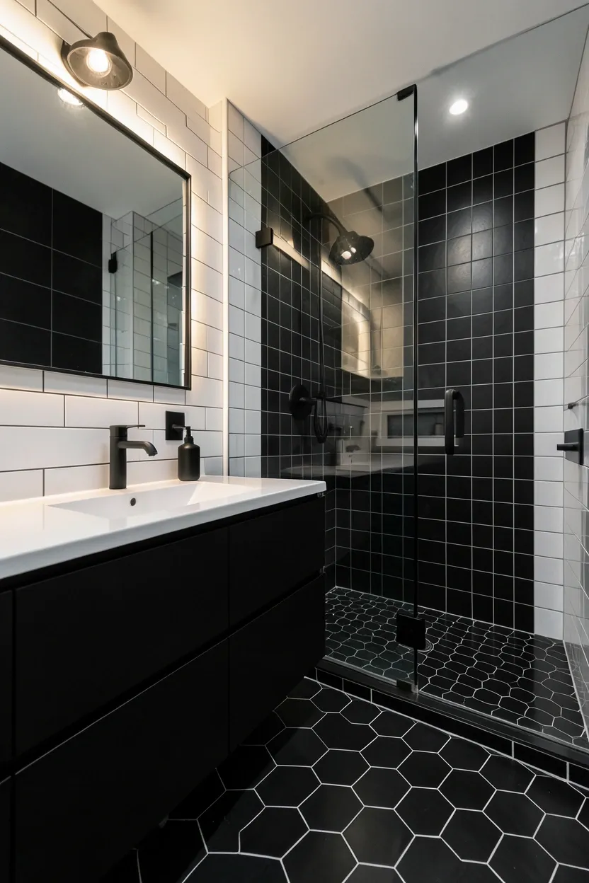 Contemporary black and white Bloxburg bathroom with geometric hex floor tiles, black cabinetry, and white subway walls