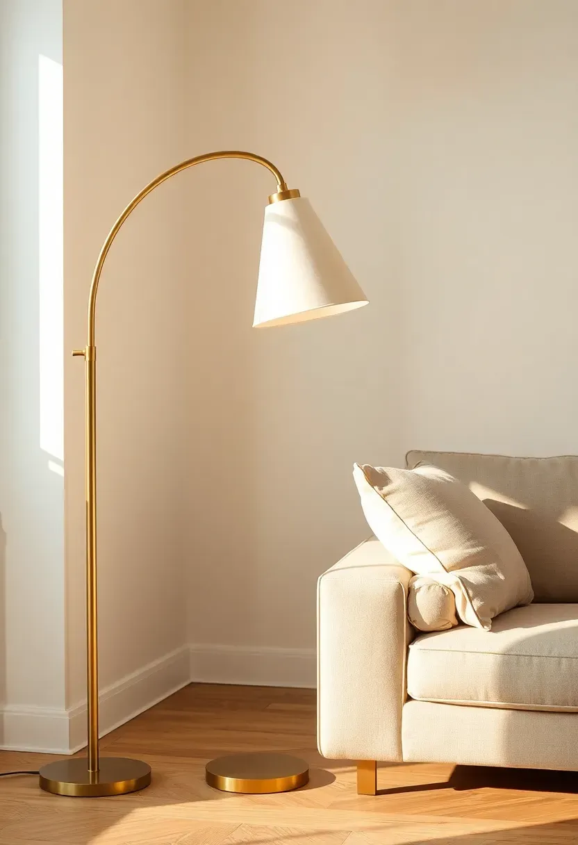 Hyper-realistic 3/4 view of a brass arc floor lamp with a white linen conical shade, positioned beside a light beige sofa. The lamp has a curved brass arm reaching over the sofa, weighted round base, clean minimal design. Warm ambient light emanating from the shade. Light oak flooring, warm white walls, minimal decor. Materials: brushed brass metal, linen shade. Soft lighting with warm color temperature. Clean composition. No text, no logos, no watermarks.</p>