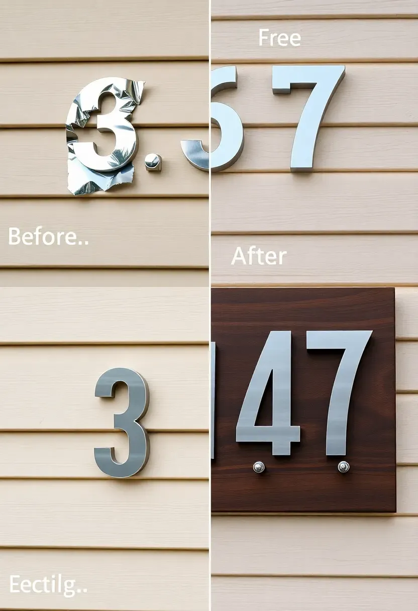 Before and after showing small plastic stick-on house numbers on a ranch home versus large floating brushed steel address numbers mounted on a dark wood plaque