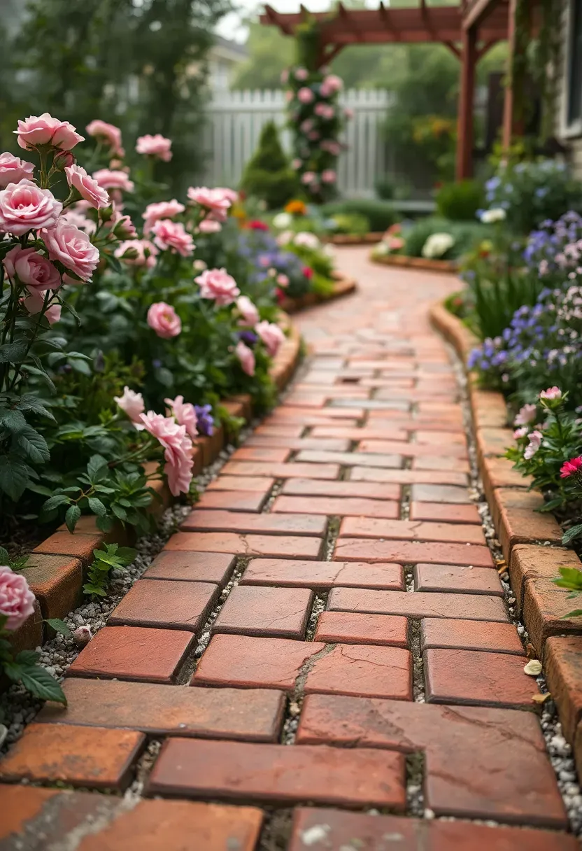 Reclaimed brick paver garden path with aged patina winding through a cottage-style backyard garden
